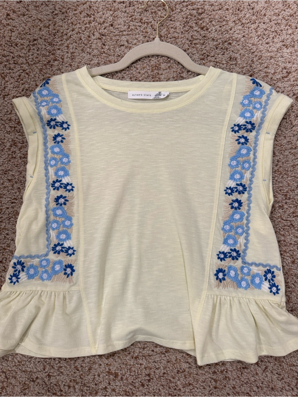 Altar'd State Pale Yellow Short-Sleeve Embroidered Peplum Top